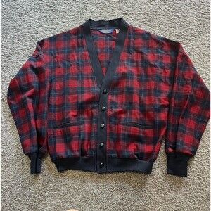 Vintage Pendleton Cardigan Wool Sweater Tartan Plaid Red Black Size Medium USA